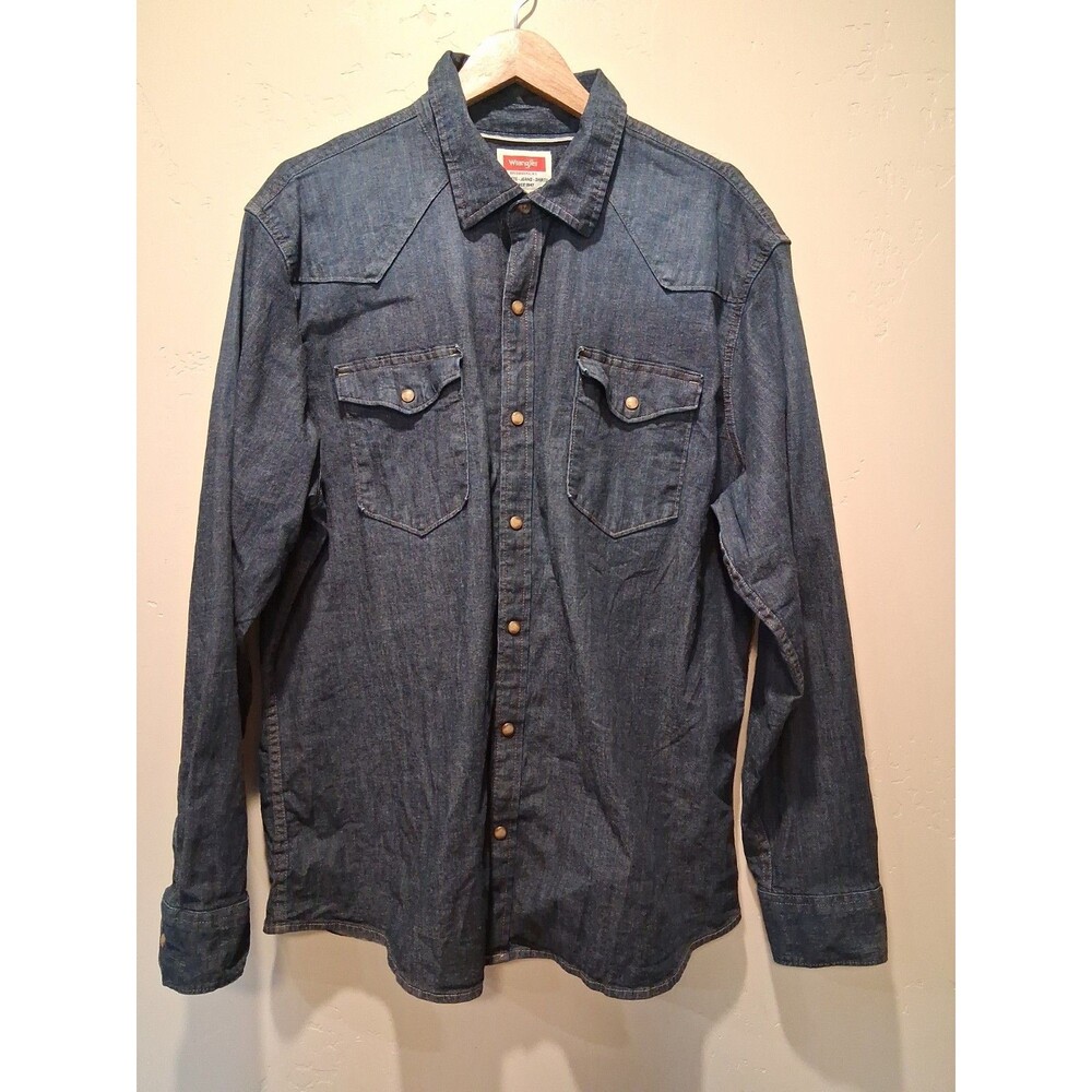 Wrangler Mens‎ Sz XL Dark Wash Denim Western Long Sleeve Snap Button Shirt Ranch